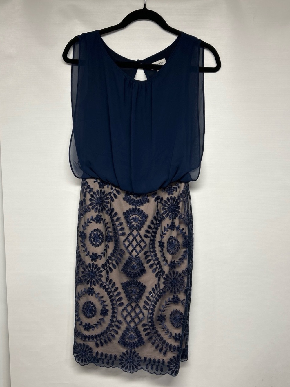Calvin Klein Navy Chiffon Bodice & Embroidered Skirt Mini Dress